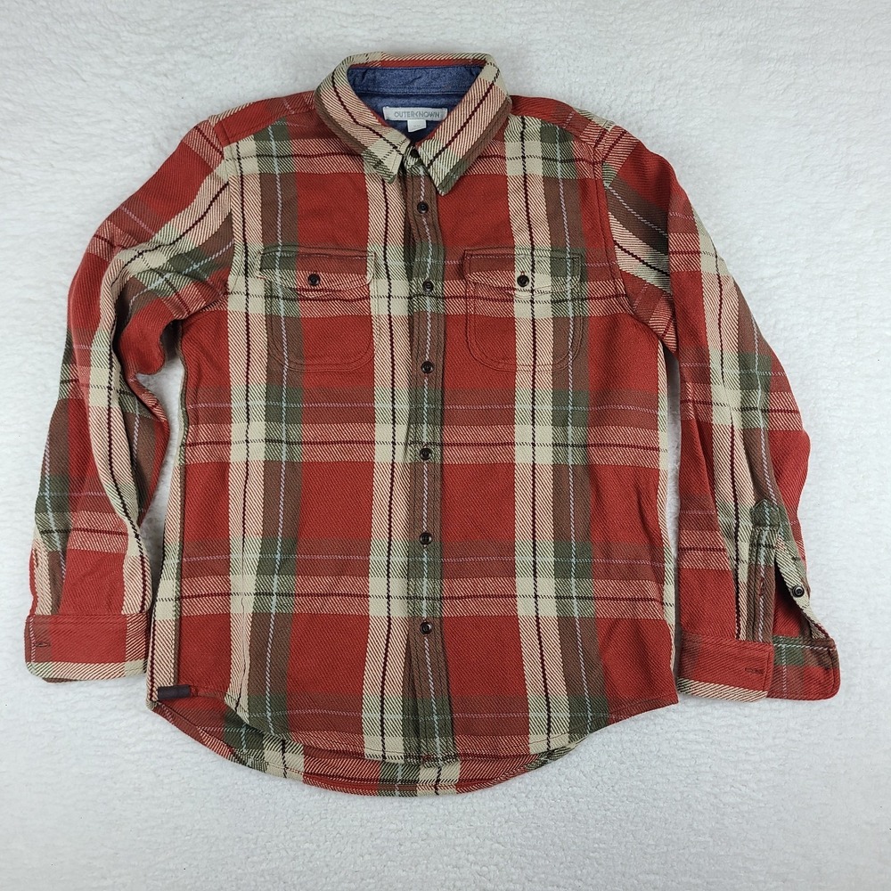Outerknown Flannel Shirt Mens Medium Red Beige Plaid Flap‎ Pocket Button Down